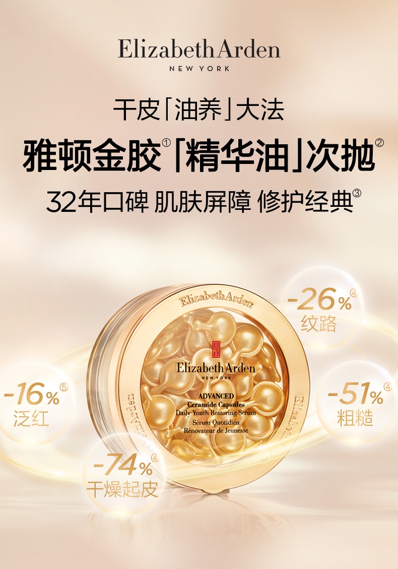 商品Elizabeth Arden|伊丽莎白雅顿 金胶精华油次抛胶囊神经酰胺面部修护精华液60/90粒 补水保湿 紧致肌肤 淡化细纹 稳定肌肤,价格¥331,第1张图片详细描述