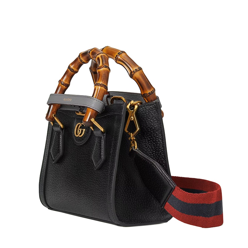 商品Gucci|GUCCI/古驰 22春夏新款Diana系列 女士迷你黑色皮革灰色饰带金扣双竹节提手单肩手提托特包702732U3ZDT1260,价格¥21538,第3张图片详细描述