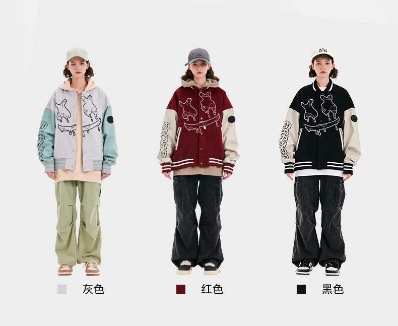 商品[国内直发] ERASER|ER黑色刺绣PU皮棒球服男潮牌美式高街撞色拼接春秋情侣装夹克外套 Erjk3059,价格¥233,第2张图片详细描述