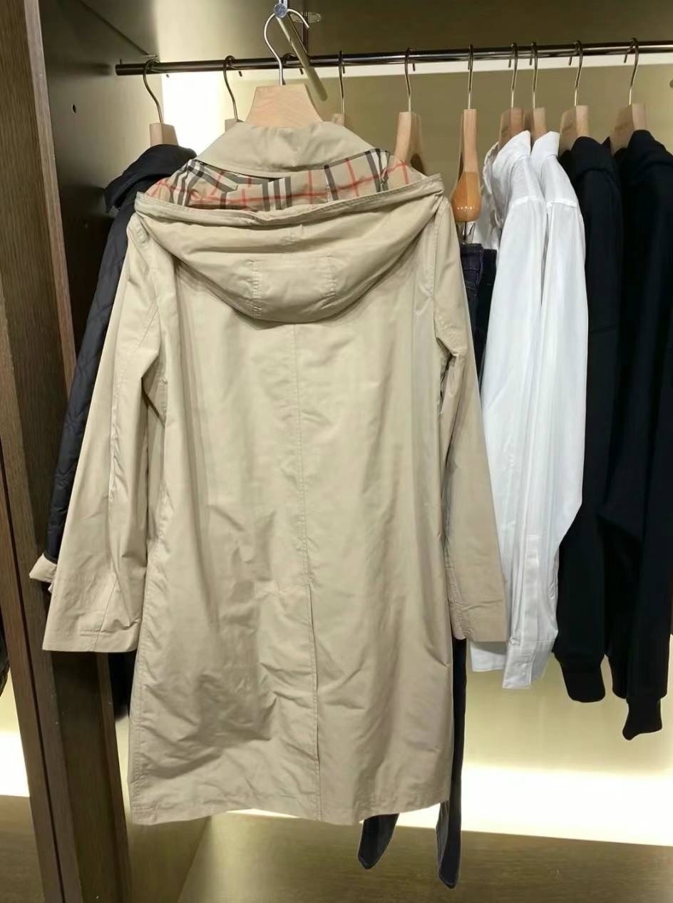 商品Burberry|BURBERRY/博柏利 女士米灰色尼龙可拆卸连帽排扣中款风衣80227321,价格¥3000,第8张图片详细描述