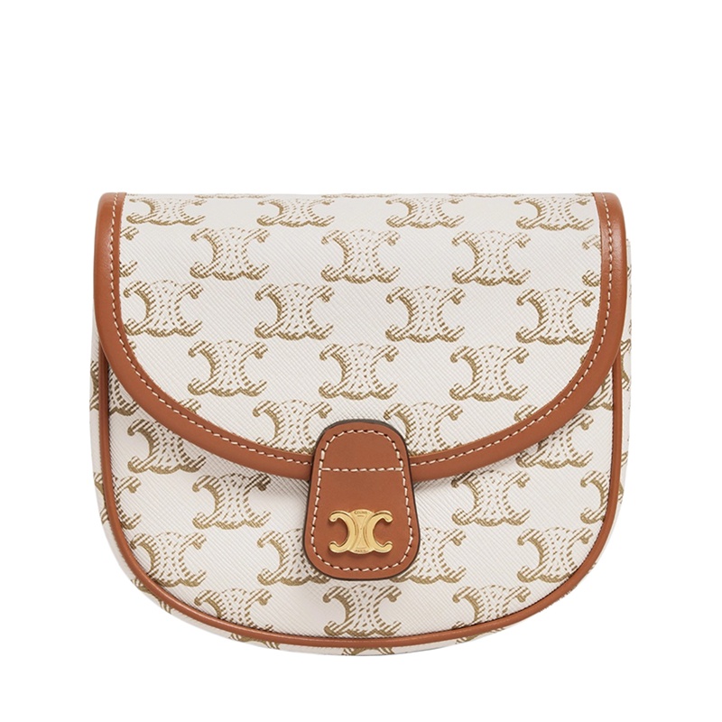 商品Celine|CELINE/赛琳 22春夏新款BESACE系列 女士迷你白色老花凯旋帆布黄褐色皮革饰边翻盖单肩斜挎马蹄包,价格¥8025,第2张图片详细描述