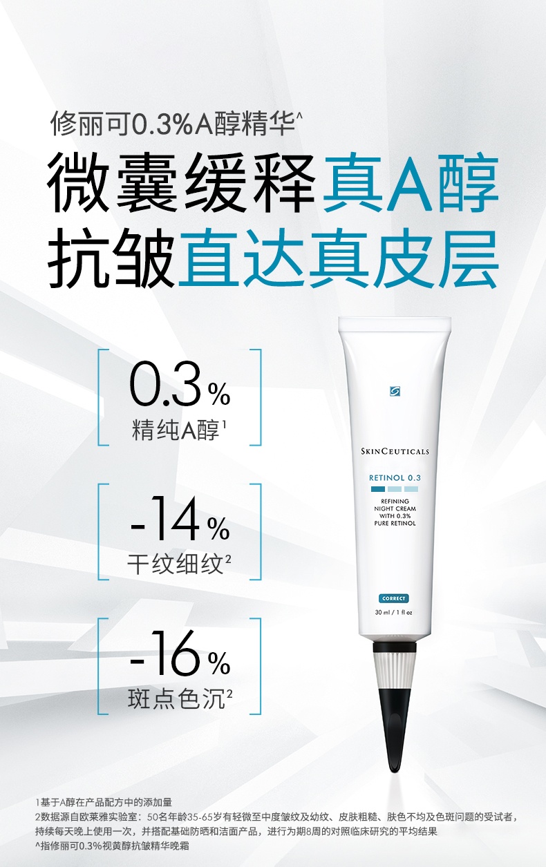 商品SkinCeuticals|修丽可 0.3%视黄醇抗皱��精华晚霜30ml 高纯真A醇淡化细纹提拉紧致,价格¥576,第5张图片详细描述