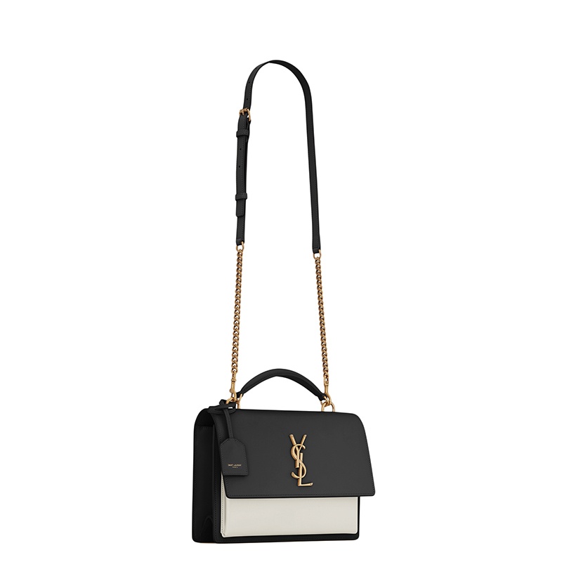 商品Yves Saint Laurent|SAINT LAURENT PARIS/圣罗兰 YSL 21秋冬新款SUNSET系列 女士中号黑色复古白色光滑牛皮革金扣翻盖斜挎单肩包,价格¥17634,第4张图片详细描述