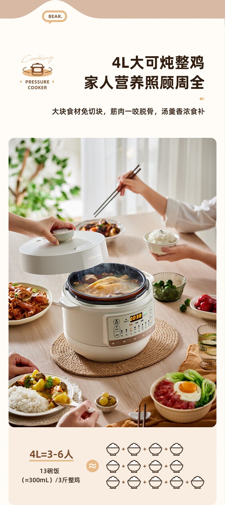 商品[国内直发] Bear|小熊Bar（Bear）电压力锅 4L家用大容量多功能高压锅 不粘内胆可开盖煮智能压力锅 YLB-C40Y5,价格¥531,第8张图片详细描述