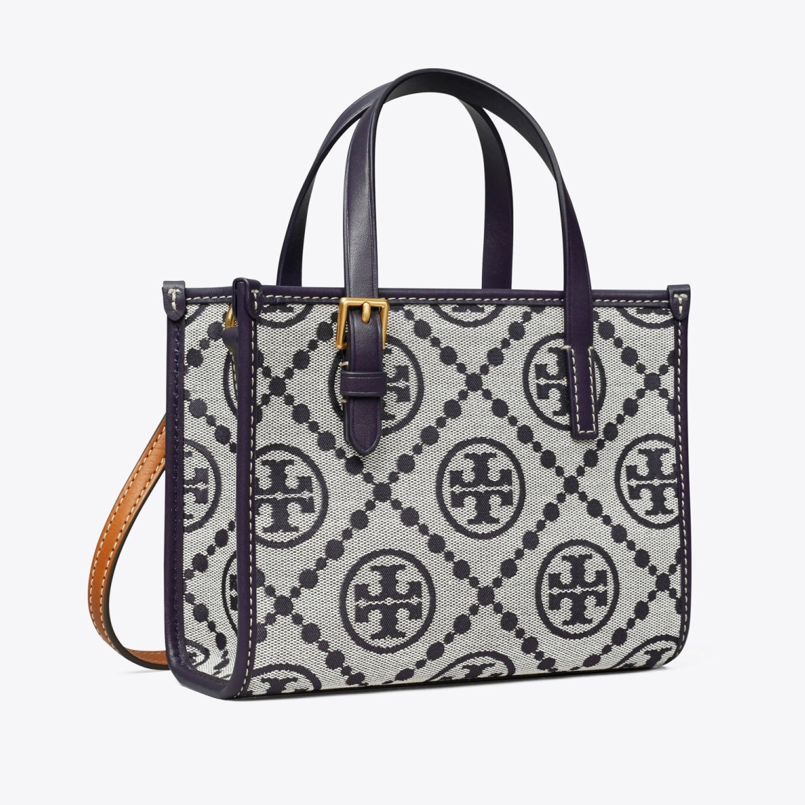 商品[国内直发] 【春节不打烊，国内现货速发】 Tory Burch| 汤丽柏琦TB女包T MONOGRAM经典老花满印织物提花托特包单肩斜挎包女包 迷你 145537 海军蓝,��价格¥2747,第4张图片详细描述