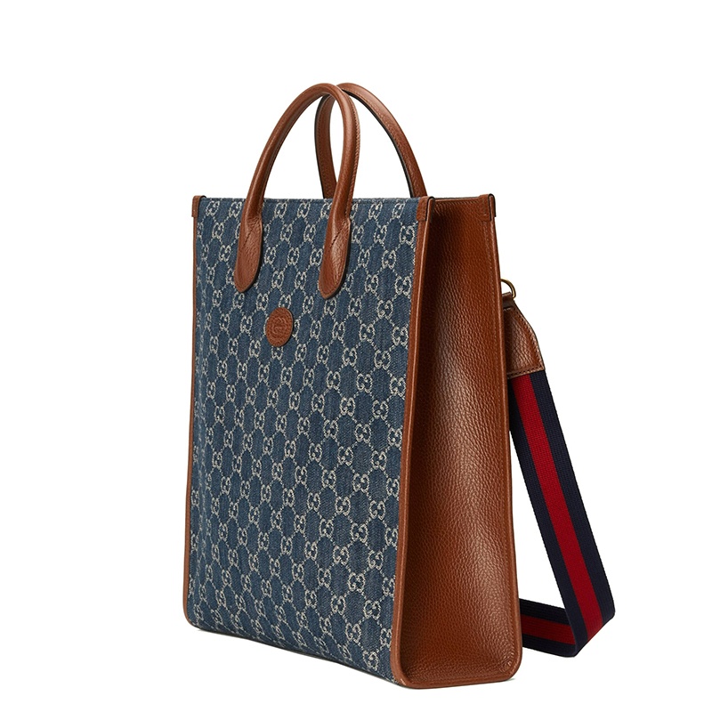 商品Gucci|【现货】古驰 22春夏新款 男士中号蓝色/象牙白老花帆布棕色皮革细节配可拆卸肩带单肩手提托特包6741552KQQT8391,价格¥10917,第3张图片详细描述