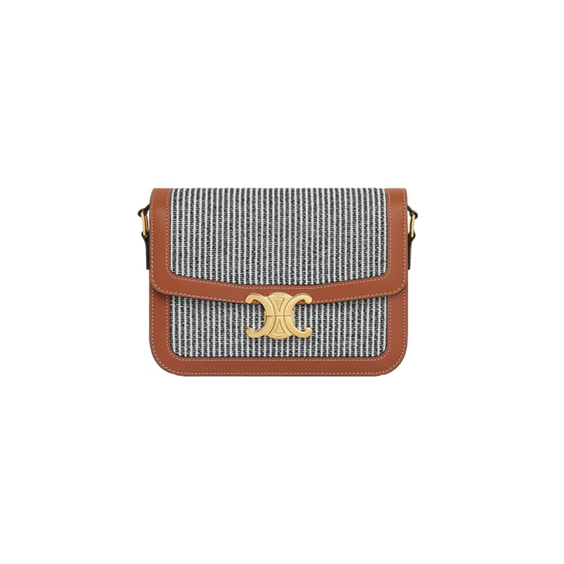 商品Celine|赛琳 23新款 TRIOMPHE女士烟黑色经典条纹织物/小牛皮单肩斜挎包 ,价格¥24502,第2张图片详细描述