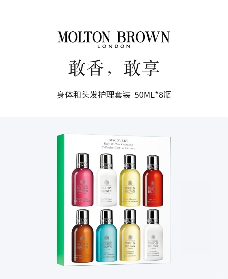 商品Molton Brown|MOLTONBROWN摩顿布朗身体和头发护理旅行8件套套装8x50ml（印度水芹净化洗护）,价格¥218,第2张图片详细描述