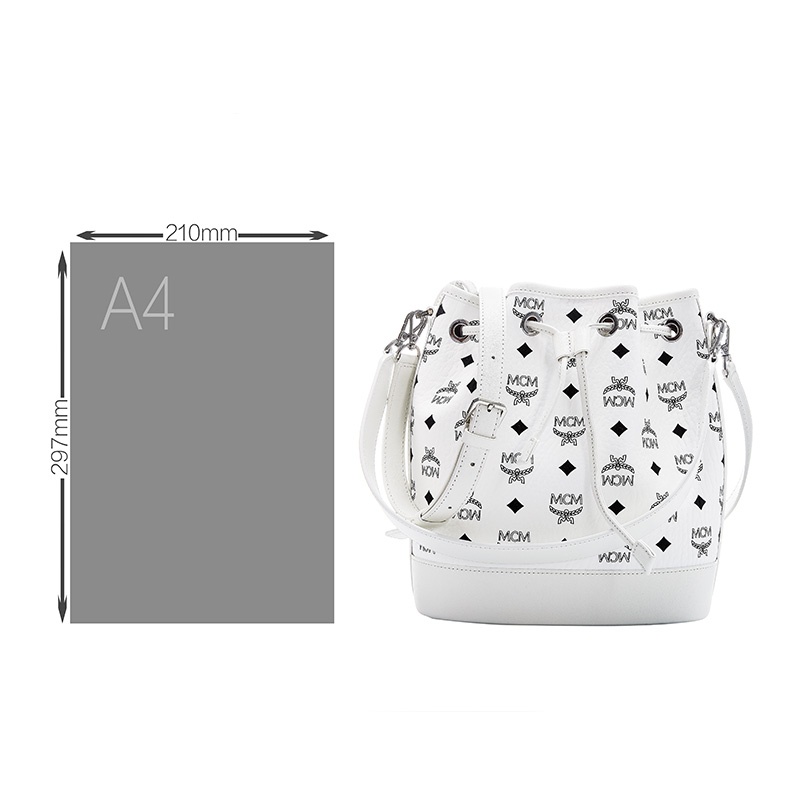 商品[国内直发] MCM|MCM女包奢侈品 女士Dessau Visetos系列白色印花LOGO人造革配牛皮革中号抽绳单肩斜挎包水桶包MWDCSDU02WT001,价格¥5917,第7张图片详细描述