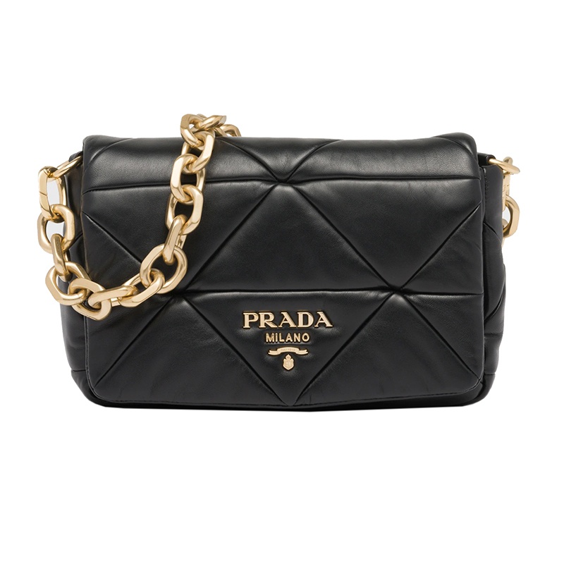 商品Prada|PRADA/普拉达 22新款 System系列 女士黑色皮革三角形拼布图案拆卸链条金属徽标翻盖单肩包1BD328_2DMO_F0002_V_TWO,价格¥25090,第2张图片详细描述
