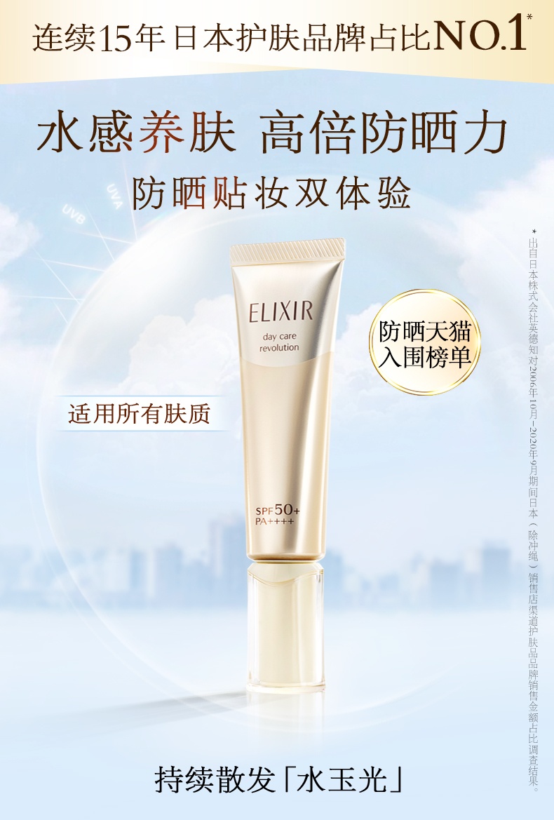 商品ELIXIR|怡丽丝尔 优悦活颜金管/银管防晒霜 SPF50+ 日本进口 滋润美白提亮,价格¥202,第1张图片详细描述