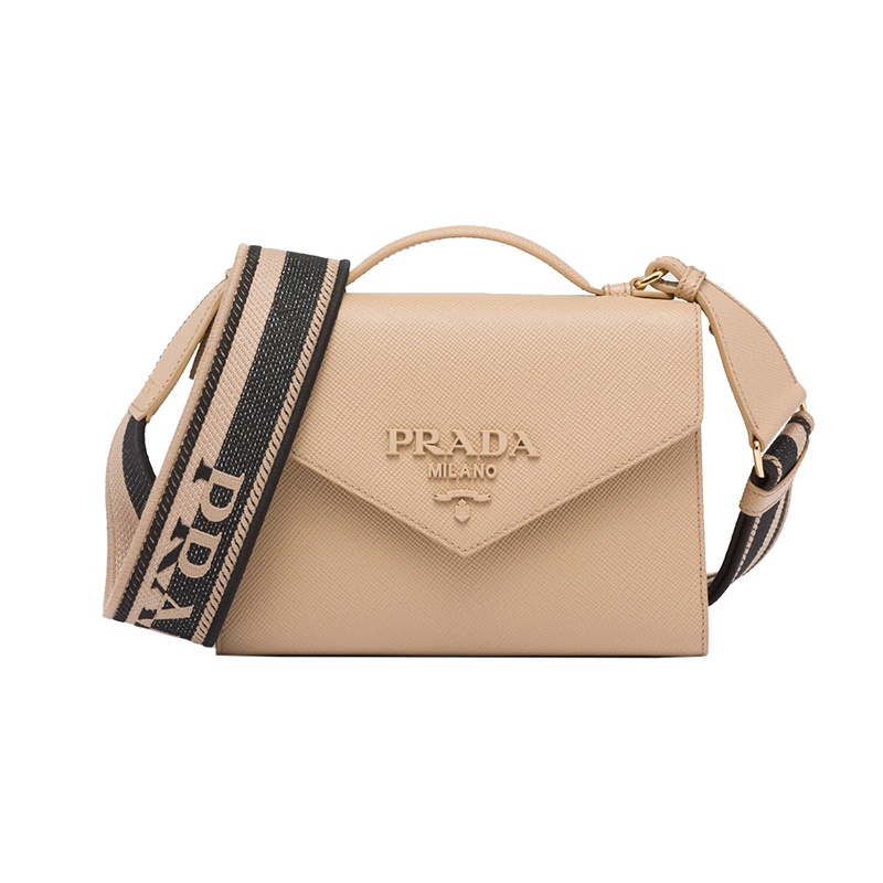 商品Prada|PRADA/普拉达 22新款 Monochrome系列 女士砂米黄saffiano皮革金色徽标磁扣翻盖印花拆卸肩带单肩斜挎包1BD317_2ERX_F0036_V_3O3,价格¥18171,第3张图片详细描述