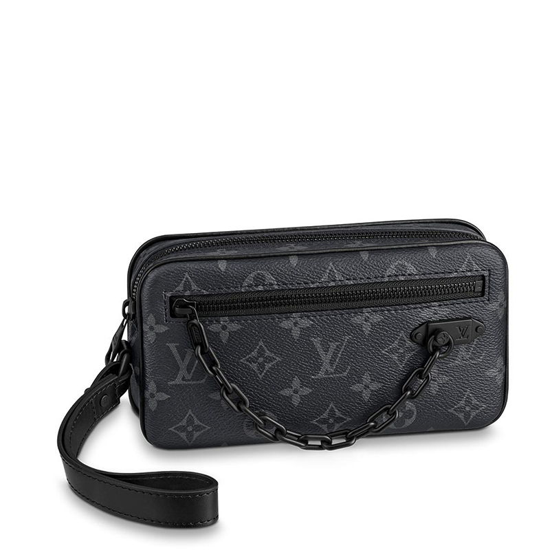 商品Louis Vuitton|预售10天 Louis Vuitton/路易威登 经典款VOLGA系列 男士经典爆款老花帆布牛皮饰边黑链配可拆卸腕带拉链开合链条手拿包M68321,价格¥11271,第2张图片详细描述