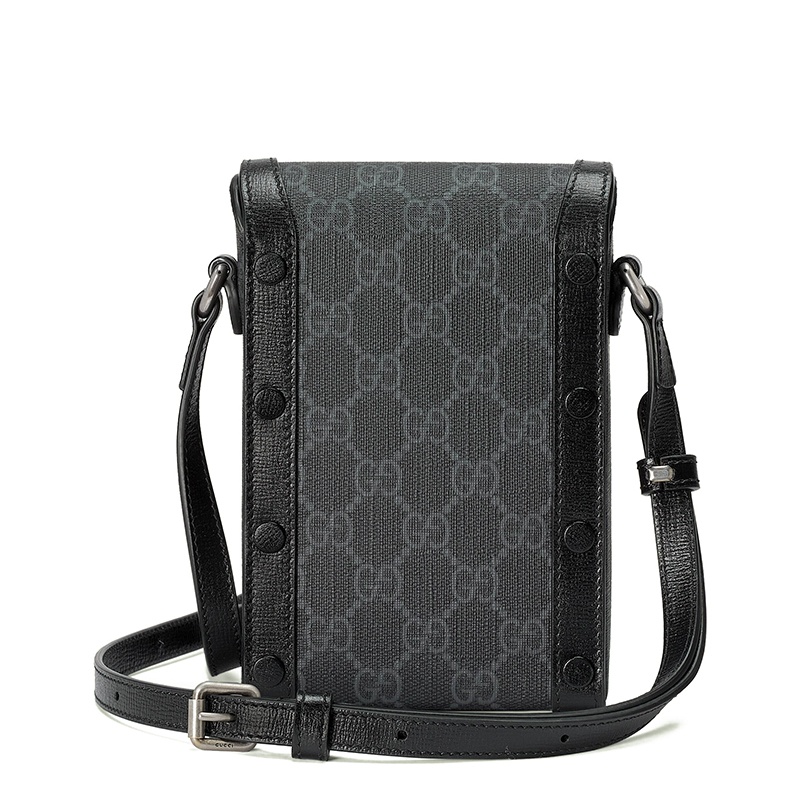 商品Gucci|GUCCI/古驰 22春夏新款 男士迷你黑色老花帆布皮革滚边翻盖开合斜跨单肩包69940292TCF1000,价格¥7109,第4张图片详细描述