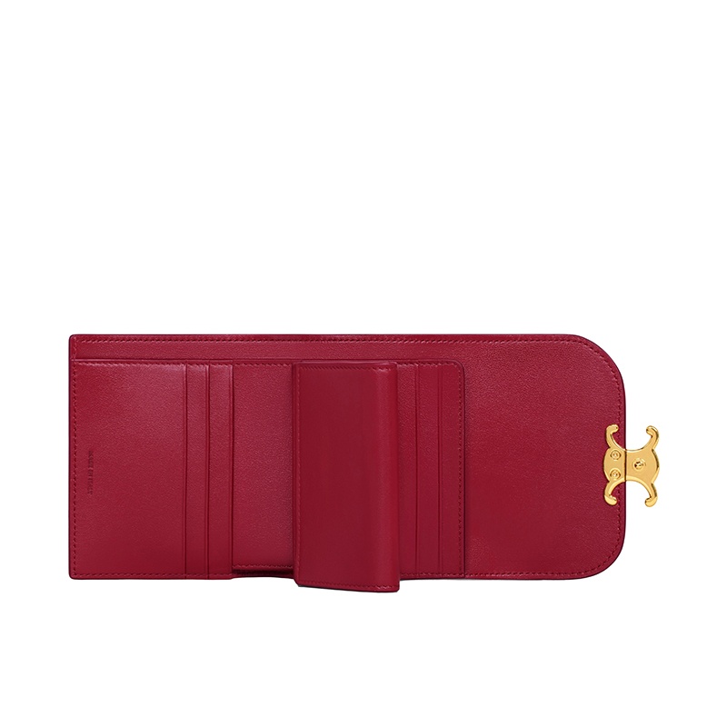 商品Celine|【包税】CELINE/赛琳 22新款TRIOMPHE系列 女士小号胭脂红色亮泽牛皮革金色凯旋按扣折叠零钱袋短款钱包10D783DPV.27CA,价格¥4357,第2张图片详细描述