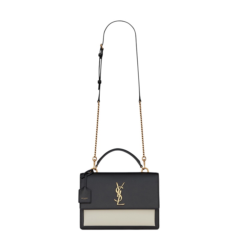 商品Yves Saint Laurent|SAINT LAURENT PARIS/圣罗兰 YSL 21秋冬新款SUNSET系列 女士中号黑色复古白色光滑牛皮革金扣翻盖斜挎单肩包,价格¥17634,第2张图片详细描述