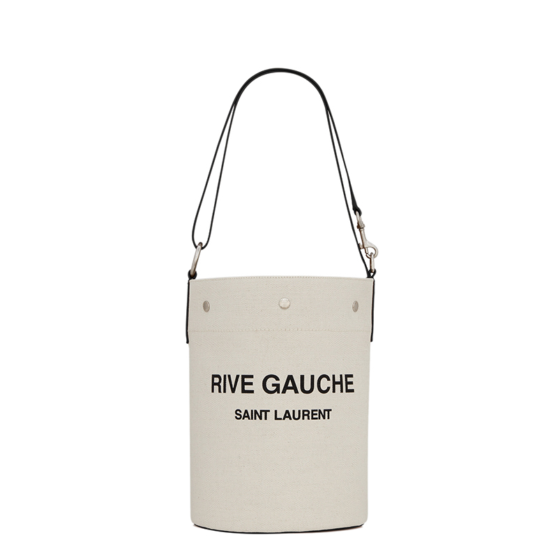 商品Yves Saint Laurent|SAINT LAURENT PARIS/圣罗兰 YSL 22春夏新款RIVE GAUCHE系列 男士白色亚麻配皮黑色徽标印花银扣单肩斜跨手提水桶包,价格¥11292,第2张图片详细描述