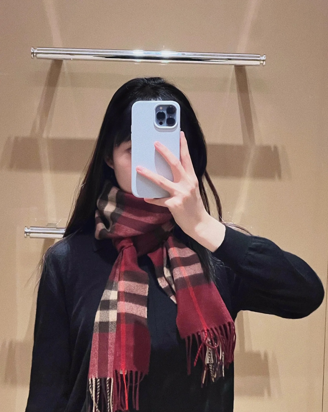 商品Burberry|BURBERRY/博柏利 男女通用酒红色格纹羊绒流苏围巾80216951,价格¥1854,第11张图片详细描述