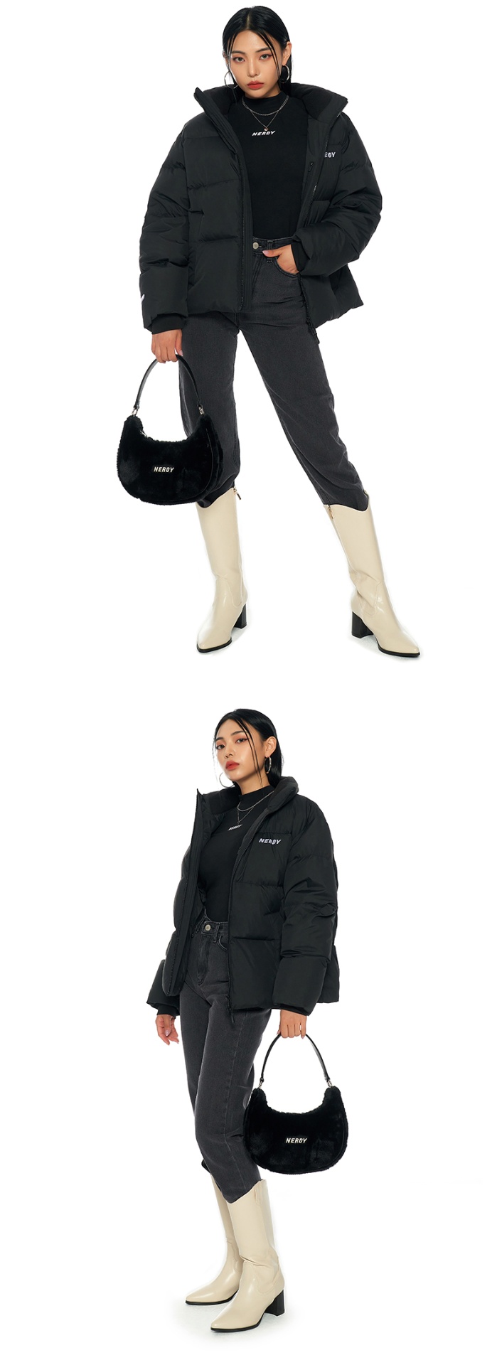 商品NERDY|【享贝家】NERDY 2022秋冬新款经典logo简约短款立领羽绒服 男女同款 浅紫色\奶白色\浅灰色\黑色（预售款，10天发货） PNEW22DJ0/浅灰色PNEW22DJ023506/黑色PNEW22DJ020105,价格¥703,第10张图片详细描述