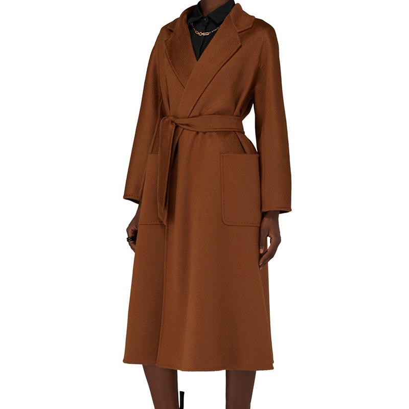 商品Max Mara|麦丝玛拉 女士咖色羊绒光面长款系带大衣,价格¥22528,第3张图片详��细描述