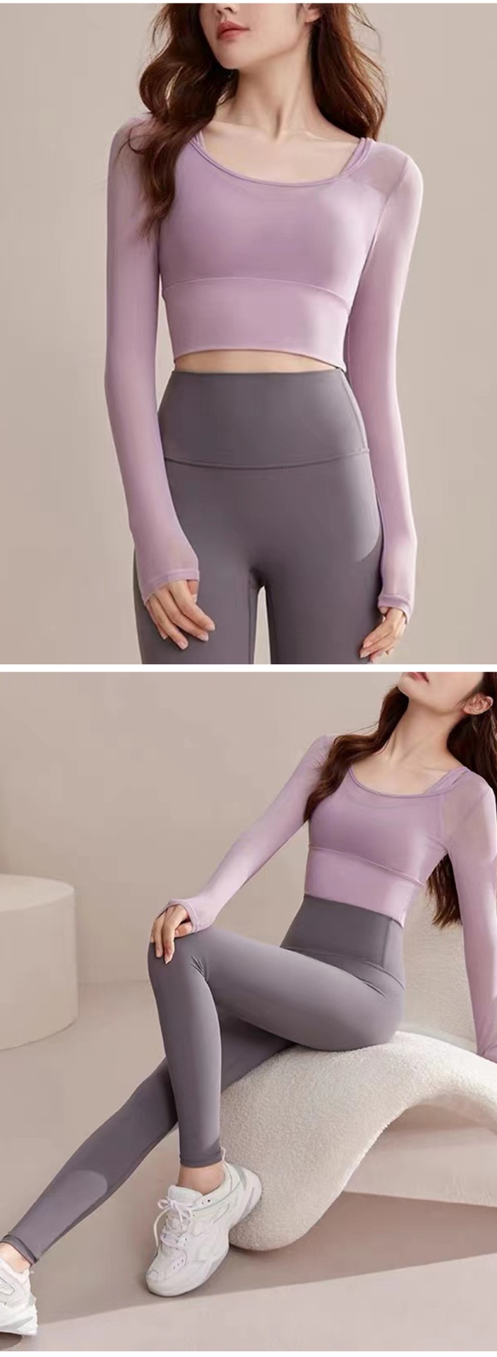 商品[国内直发] GLENVINTEN|格兰云顿瑜伽服女秋冬运动上衣网纱带胸垫紧身显瘦长袖户外跑步训练健身服,价格¥258,第8张图片��详细描述
