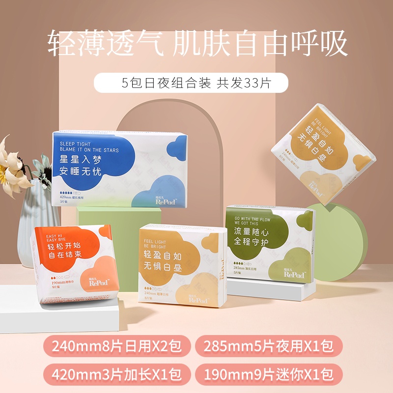 商品RePad|瑞皮儿卫生巾4种尺寸日夜组合装姨妈巾33片超薄透气清爽量贩装,价格¥27,第2张图片详细描述