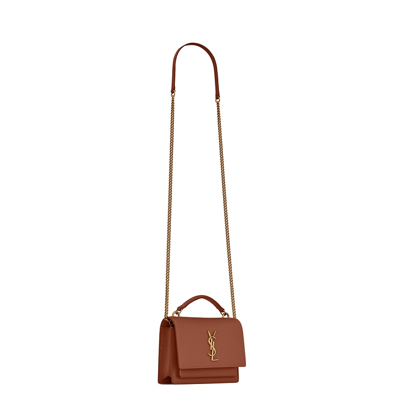 商品Yves Saint Laurent|SAINT LAURENT PARIS/圣罗兰 YSL 22春夏新款SUNSET系列 女士深太妃糖色光滑小牛皮金扣金链翻盖开合单肩斜跨手提链条包,价格¥13424,第4张图片详细描述
