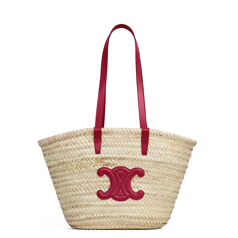 商品Celine|【包税】CELINE/赛琳 CLASSIC TRIOMPHE系列 女士中号原色棕榈叶配胭脂红小牛皮细节单肩斜跨手工编织篮子包192622CGG.27CA,价格¥4887,第2张图片详细描述