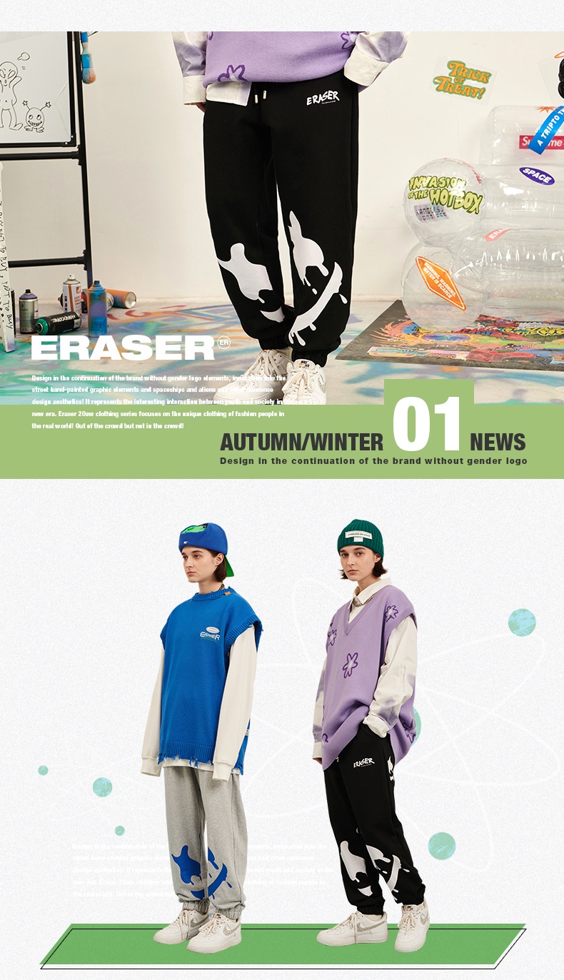 商品[国内直发] ERASER|ER笑脸秋季男士休闲运动裤高街裤子宽�松情侣卫裤束脚黑色长裤百搭Erkz2388,价格¥221,第3张图片详细描述