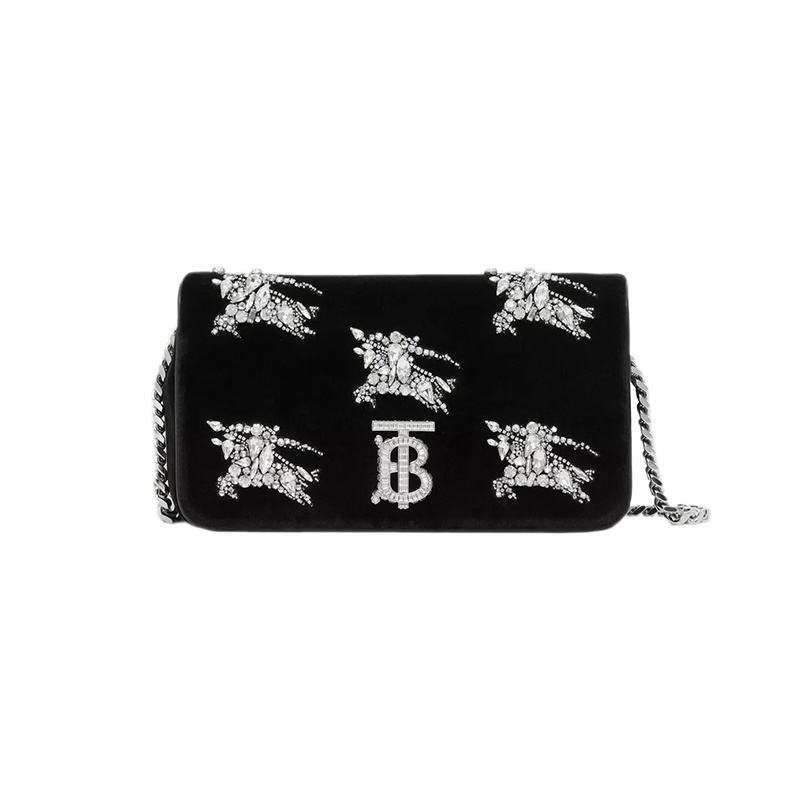 商品Burberry|博柏丽 23新款 女士黑色丝绒配皮翻盖磁扣开合水晶骑士饰面拆卸肩带单肩斜挎链条包,价格¥21073,第2张图片详细描述