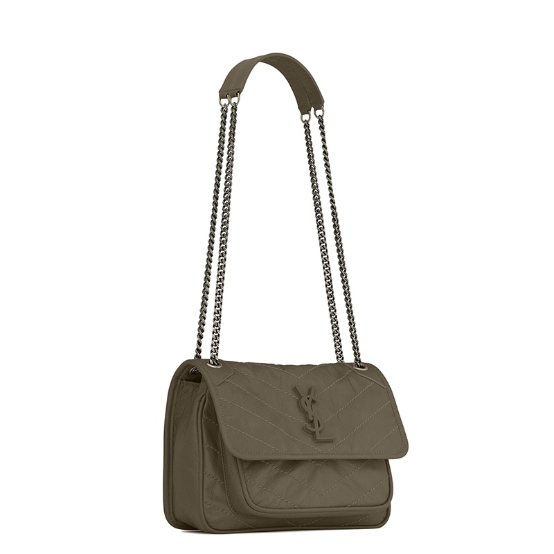 商品Yves Saint Laurent|SAINT LAURENT PARIS/圣罗兰 YSL 22春夏新款NIKI BABY系列 女士灰卡其色绗缝复古褶皱牛皮革单肩斜挎链条包,价格¥19062,第6张图片详细描述