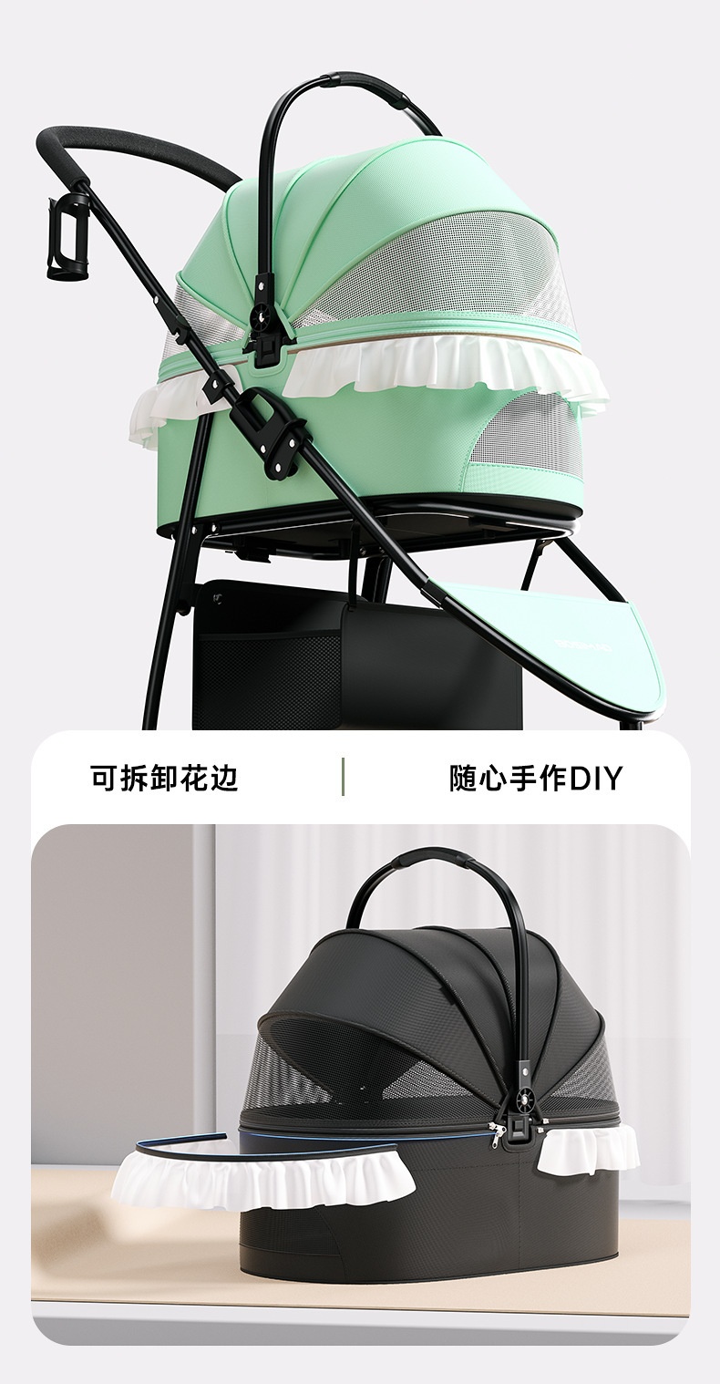 商品[国内直发] GLENVINTEN|中小型宠物推车轻便可爱花边装饰猫咪狗狗推车可分离折叠一车两用,价格¥663,第5张图片详细描述