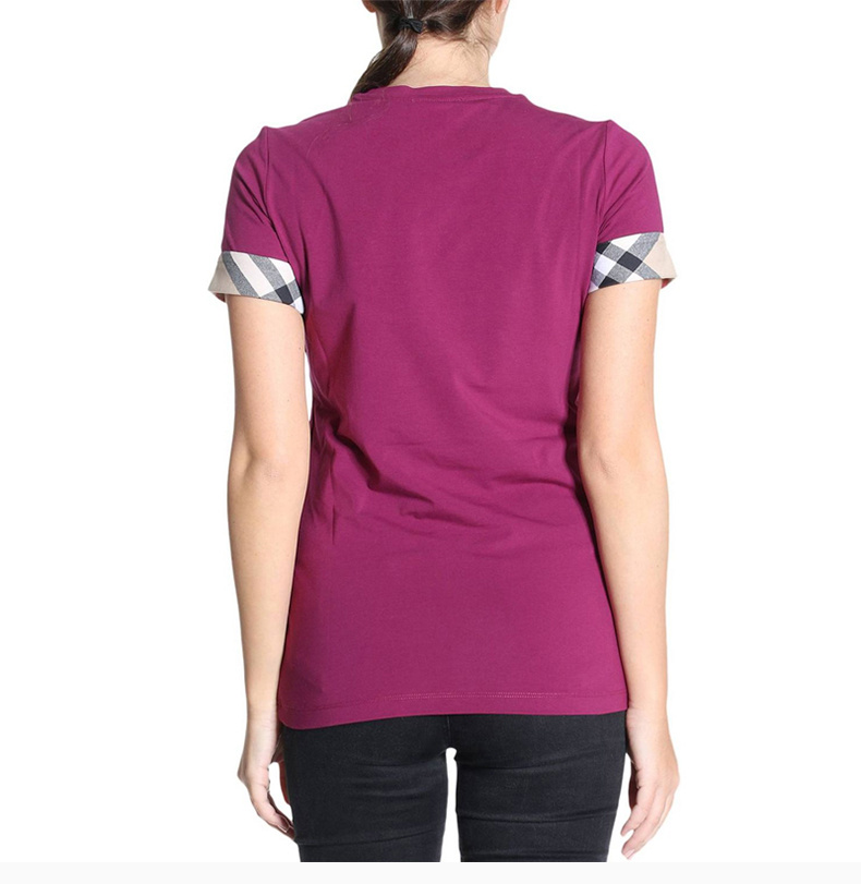 商品Burberry|Burberry 博柏利 女士袖口格纹设计紫色棉质混纺短袖T恤 3968495,价格¥754,第6张图片详细描述