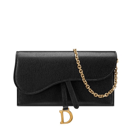 商品Dior|【包税】DIOR/迪奥 SADDLE系列 女士黑色羊皮革配可拆卸小袋金链金扣D字吊饰翻盖开合单肩斜挎手拿链条马鞍钱包S5614CCEH_M900,价格¥11163,第2张图片详细描述