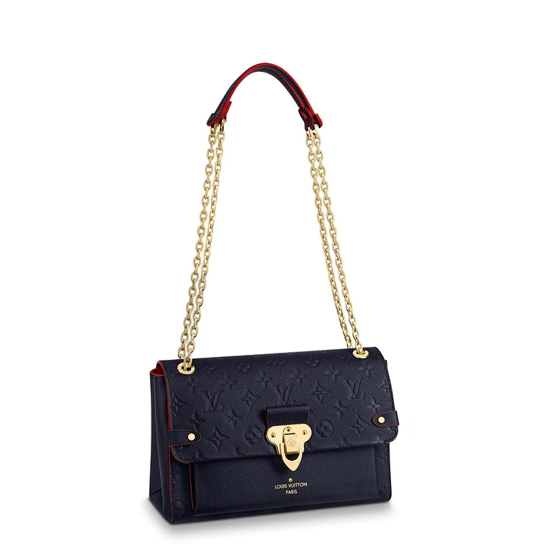 商品Louis Vuitton|预售10天 Louis Vuitton/路易威登 22春夏新款Vavin系列 女士小号海军蓝老花压花牛皮革红色细节饰边金扣金链翻盖开合单肩斜挎链条包M52271,价格¥21682,第2张图片详细描述