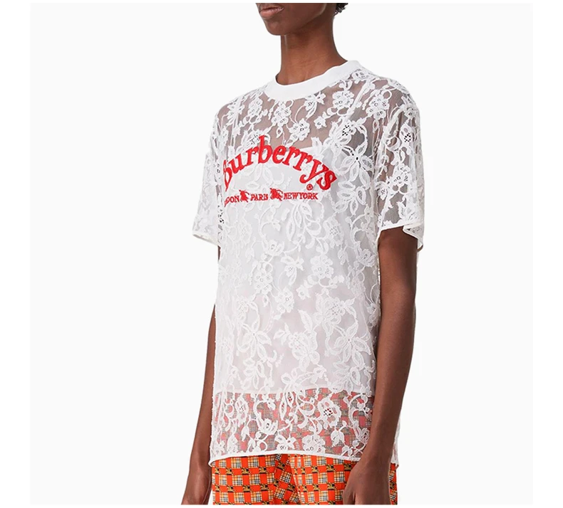 商品Burberry|Burberry 博柏利 女士白色典藏标志蕾丝装饰短袖T恤 8002885,价格¥3175,第5张图片详细描述