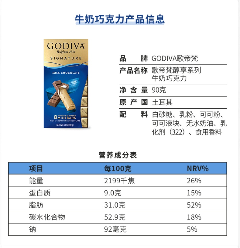 商品[国内直发] Godiva|歌帝梵醇享系列牛奶黑巧克力条零食,价格¥120,第19张图片详细描述