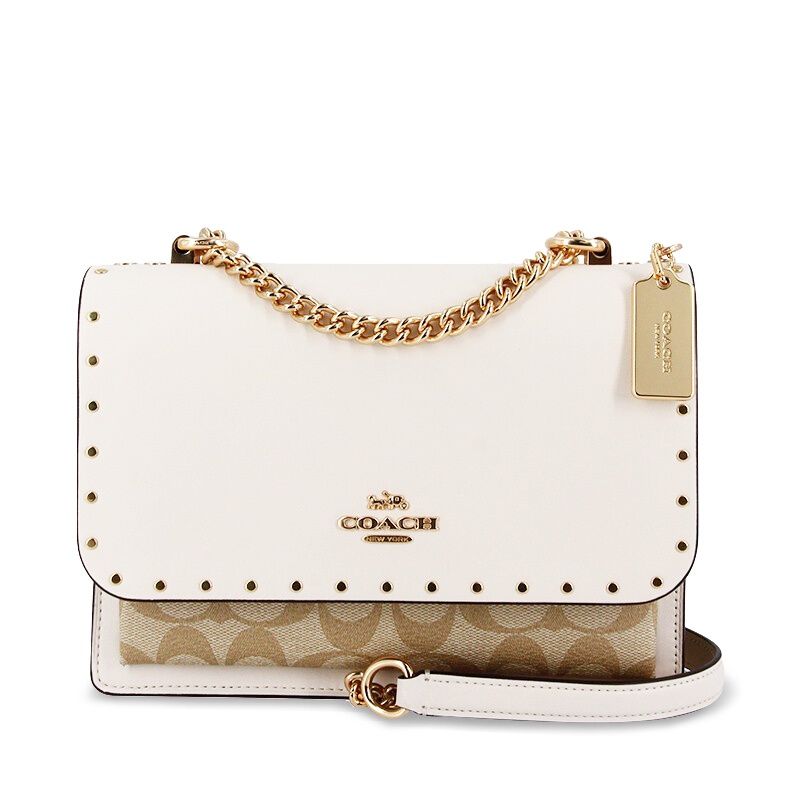 商品[国内直发] Coach|蔻驰COACH女士小号单肩斜挎包白色配卡其色PVC配皮边侧蛇皮纹链条包礼物送女友 90400 IMOT4,价格¥1889,第1张图片详细描述