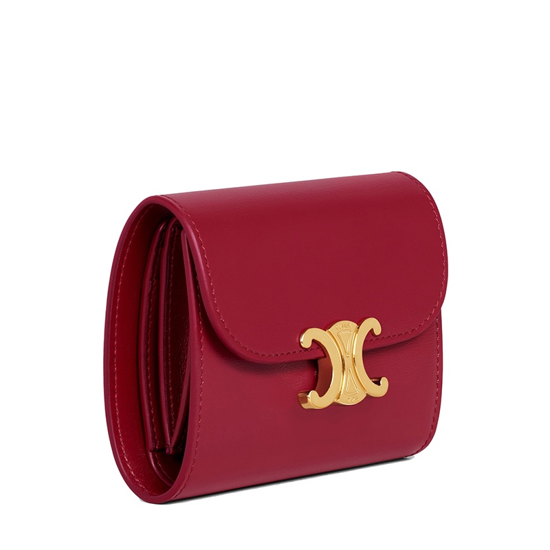 商品Celine|【包税】CELINE/赛琳 22新款TRIOMPHE系列 女士小号胭脂红色亮泽牛皮革金色凯旋按扣折叠零钱袋短款钱包10D783DPV.27CA,价格¥4357,第5张图片详细描述