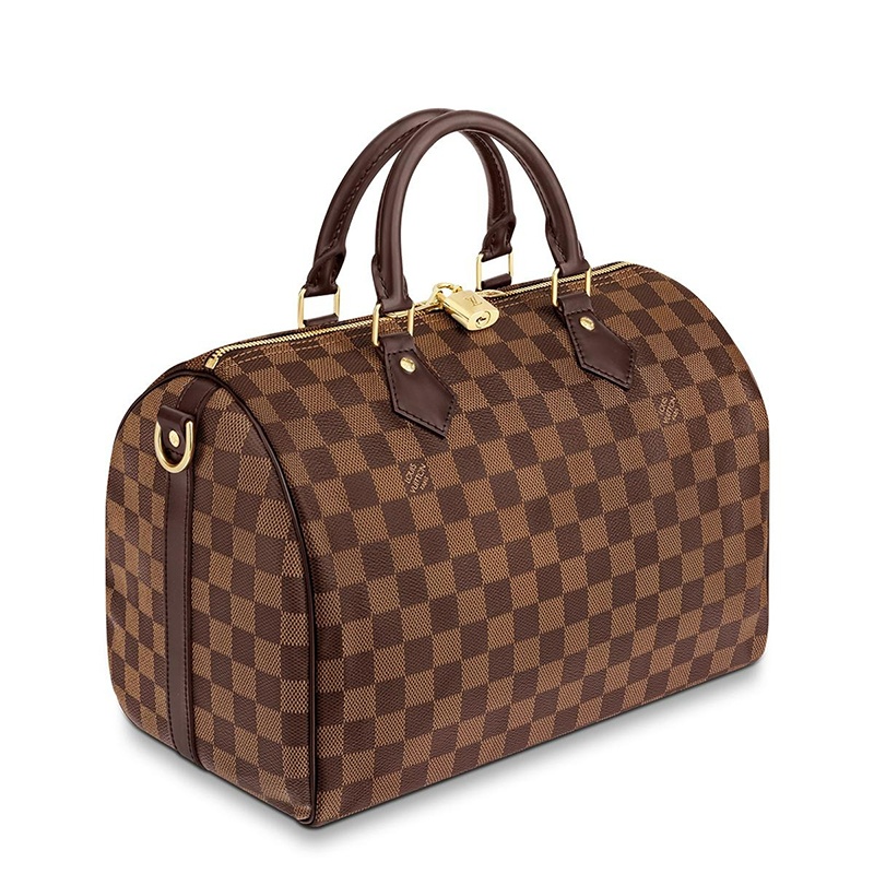 商品Louis Vuitton|【现货】路易威登 经典款SPEEDY 30系列 女士乌木色棋盘格帆布饰皮革滚边金扣配可拆卸肩带拉链开合单肩斜挎手提包N41367,价格¥14144,第3张图片详细描述