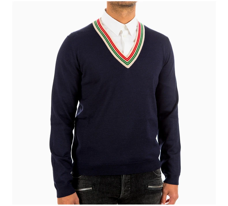 商品[国内直发] Gucci|GUCCI 男士深蓝色羊毛彩色条纹细节领口V领针织衫 599917-XKA5C-4437,价格¥5053,第7张图片详细描述