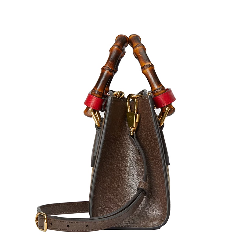 商品Gucci|GUCCI/古驰 22春夏新款Diana系列 女士迷你驼色/乌木色老花帆布配棕色皮革竹节提手配红色饰带金扣单肩斜挎手提包 655661UKMFT2672,价格¥19428,第5张图片详细描述