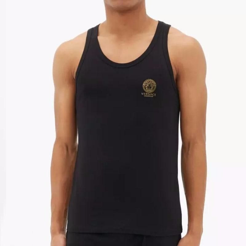 商品[国内直发] Versace|VERSACE 男士黑色棉质金色美杜莎印花沙滩背心无袖T恤 AUU01012-A232741-A1008,价格¥440,第1张图片详细描述