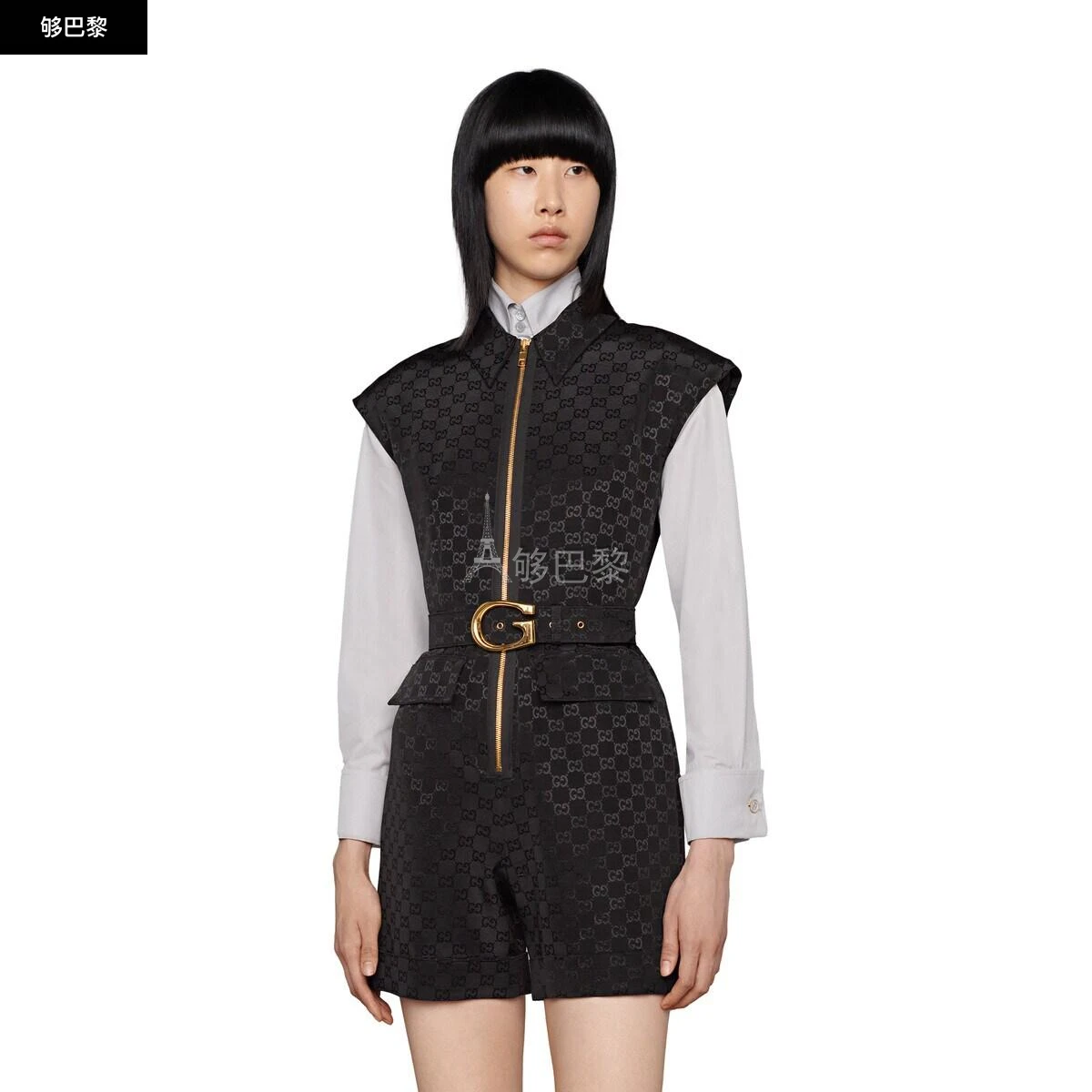 商品Gucci|【预售】 古驰 25春夏 女士 连体裤 G带扣腰带罗缎连体裤 674467 Z8AUI 1000 ,价格¥22559,第6张图片详细描述