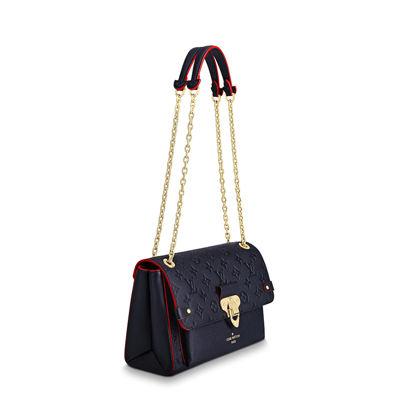 商品Louis Vuitton|预售10天 Louis Vuitton/路易威登 22春夏新款Vavin系列 女士小号海军蓝老花压花牛皮革红色细节饰边金扣金链翻�盖开合单肩斜挎链条包M52271,价格¥21682,第4张图片详细描述