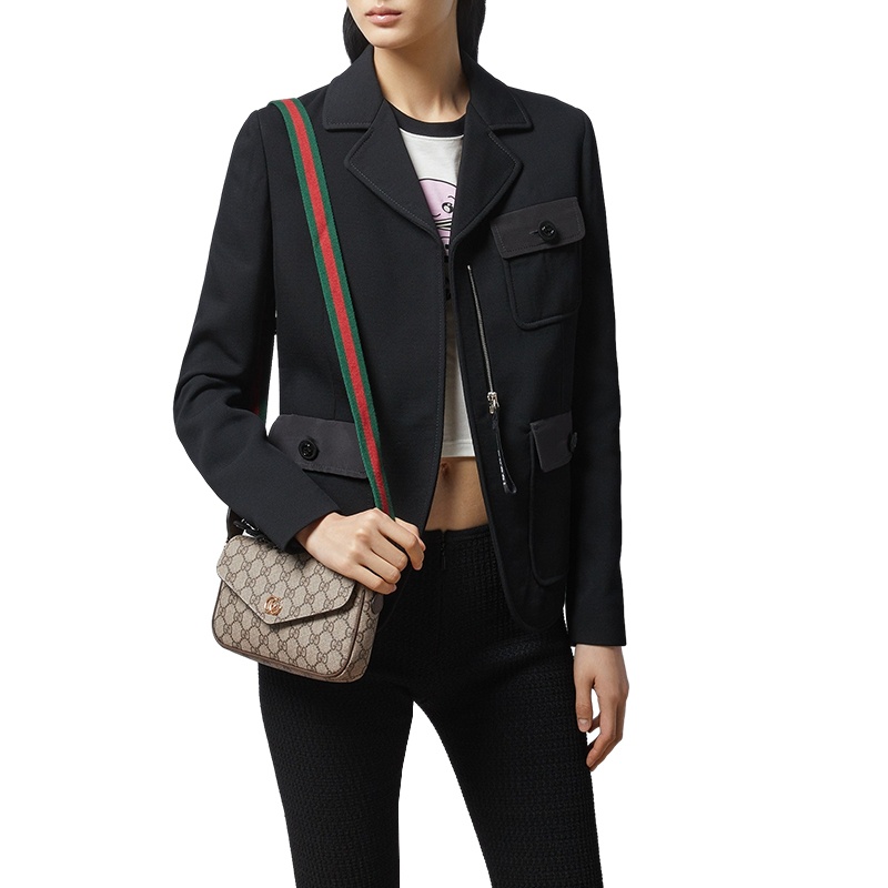 商品Gucci|古驰 23新款 OPHIDIA女士迷你米色/乌木色GG帆布配皮按扣开合斜挎包 76496196IWG8745（两色可选）,价格¥7992,第4张图片详细描述