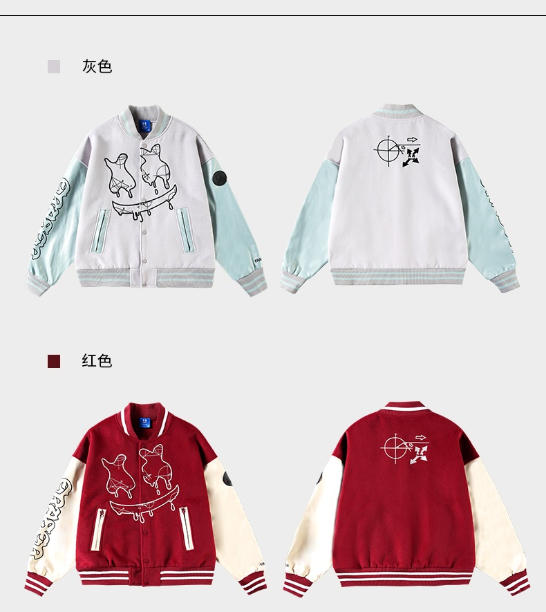 商品[国内直发] ERASER|ER黑色刺绣PU皮棒球服男潮牌美式高街撞色拼接春秋情侣装夹克外套 Erjk3059,价格¥233,第6张图片详细描述