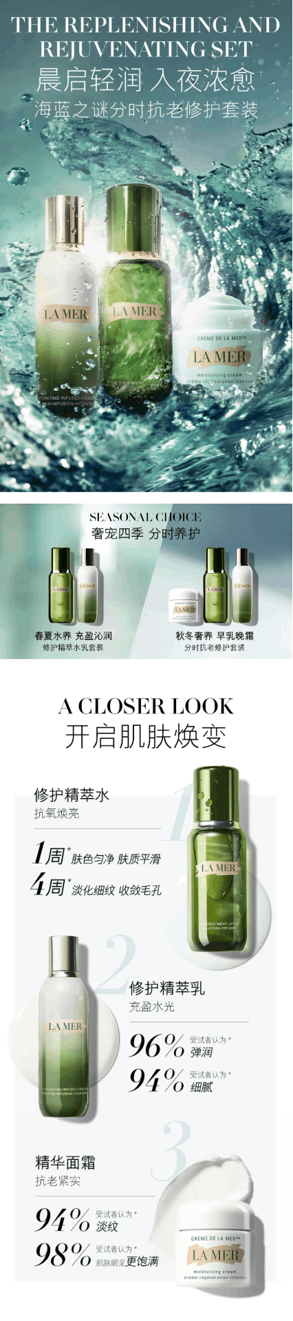 商品La Mer|LA MER 海蓝之谜水润抵达四件套 经典面霜60ml 精粹水150ml 唇膜9g 精粹乳125ml  ,价格¥3943,第1张图片详细描述