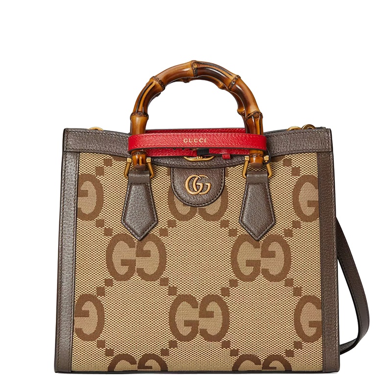 商品Gucci|古驰  Diana系列 女士小号驼色乌木色超级老花帆布竹节红带单肩手提托特包660195UKMFT2672,价格¥24309,第2张图片详细描述