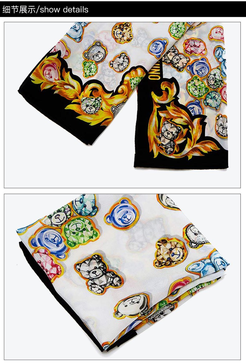商品[国内直发] Moschino|莫斯奇诺 女士黑白彩色泰迪熊图案桑蚕丝 围巾丝巾68*68cm礼物送女友,价格¥407,第4张图片详细描述
